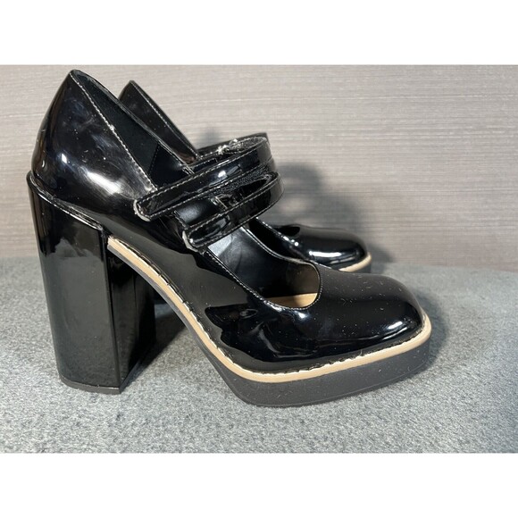 Steve Madden Twice Size 7 Mary Janes Pumps Black Patent Block Heels Platforms - Picture 2 of 12